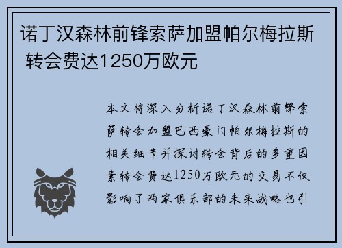 诺丁汉森林前锋索萨加盟帕尔梅拉斯 转会费达1250万欧元